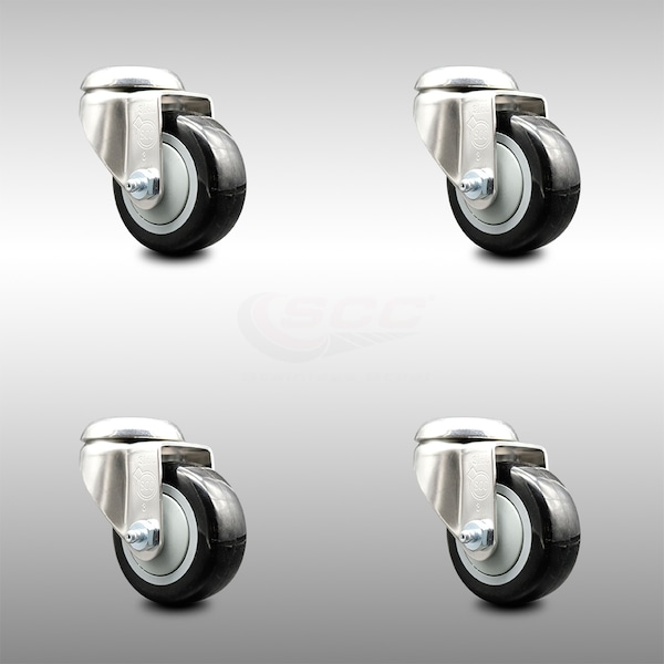 3 Inch 316SS Black Polyurethane Wheel Swivel Bolt Hole Caster Set